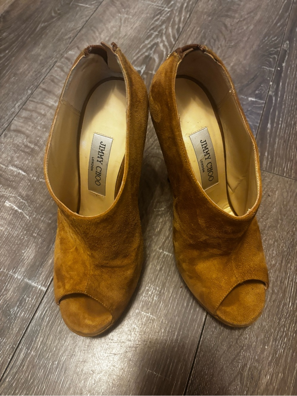 Jimmy Choo Suede Peep-Toe Mules in Cognac Brown